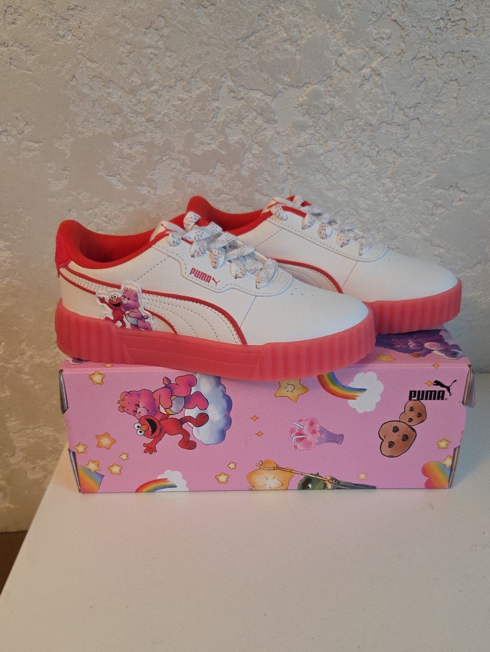Puma Kids White Sneakers with Pink Platform and Red Lining